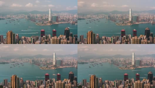时间流逝，香港城市的天际线与蓝天和白云。从中国香港太平山顶眺望香港摩天大楼高清在线视频素材下载