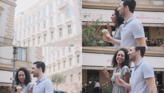 匈牙利布达佩斯，一对成年异性恋夫妇在大街上吃冰淇淋高清在线视频素材下载
