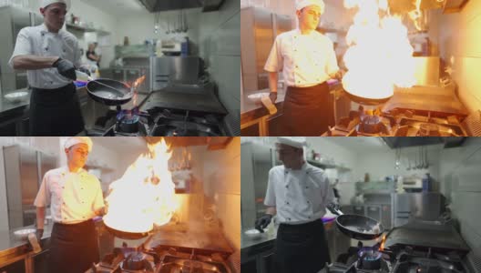 厨师在商业厨房的煤气炉上用平底锅准备火锅饭高清在线视频素材下载