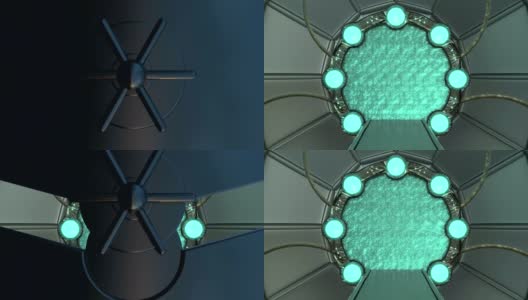 铁舱口打开宇宙飞船景观的全景场景。3d抽象背景科幻走廊与门户。未来技术抽象VJ技术标题和背景。高清在线视频素材下载