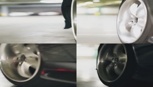 黑色车轮在灰色沥青停车场上行驶高清在线视频素材下载