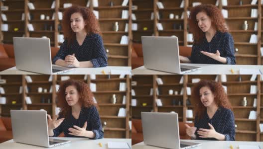 乐观的红发卷发女商人在电脑上进行视频通话高清在线视频素材下载