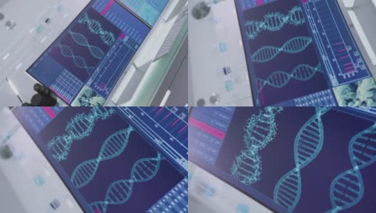 未来的实验室设备。DNA螺旋模型在屏幕上。垂直视频高清在线视频素材下载