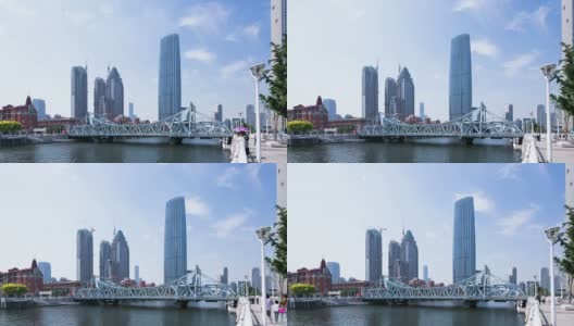 天际线和天津河边的现代建筑，时光流逝。高清在线视频素材下载