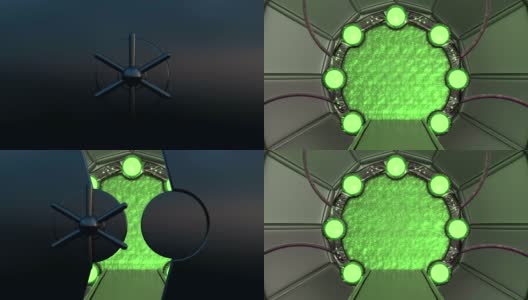 铁舱口打开宇宙飞船景观的全景场景。3d抽象背景科幻走廊与门户。未来技术抽象VJ技术标题和背景。高清在线视频素材下载