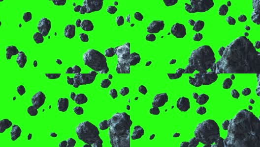 小行星在绿色背景下从左向右缓慢飞行。空间动画可以用于视频编辑，也可以作为演示的背景或屏幕保护程序高清在线视频素材下载