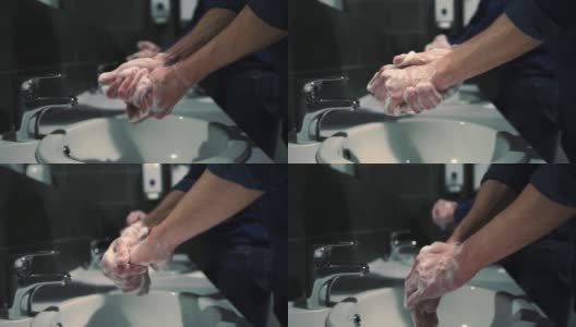 男人们在公共厕所彻底洗手高清在线视频素材下载