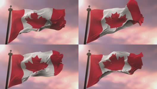 日落时加拿大国旗迎风飘扬，循环高清在线视频素材下载