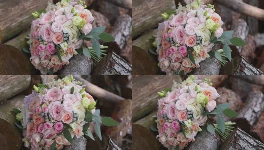 木制背景上的婚礼花束高清在线视频素材下载