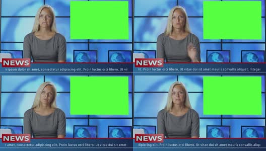 女新闻主持人在广播演播室与绿色屏幕显示模型使用。高清在线视频素材下载