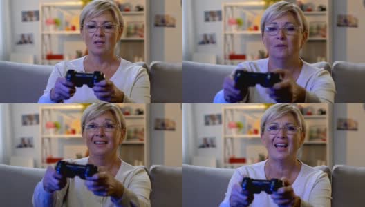 兴奋的女人用操纵杆玩电子游戏，沉迷于虚拟世界高清在线视频素材下载