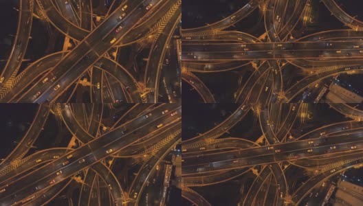 夜间复杂路口。上海的城市。中国鸟瞰图垂直向下视图高清在线视频素材下载