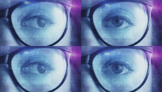 未来虚拟现实和通信的高技术宏观眼睛，抽象动画数字计算机代码运行在眼镜，全息眼镜与主动数据库连接。高清在线视频素材下载