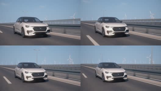 前视图的自动驾驶自动电动汽车驾驶与风力涡轮机在背景高清在线视频素材下载