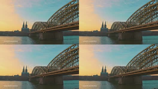 霍亨索伦桥(Hohenzollernbrücke)和科隆大教堂(K?ln)下午美丽的日落。莱茵河附近的历史建筑建筑。高清在线视频素材下载