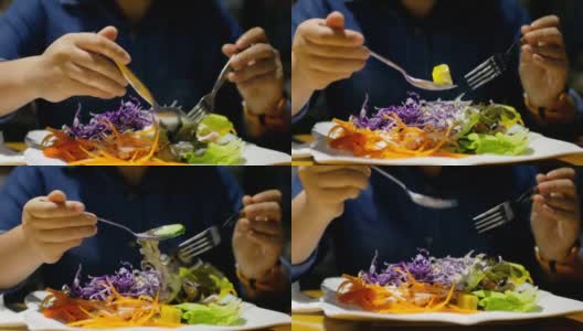 吃沙拉是节食、健康食品的理念高清在线视频素材下载