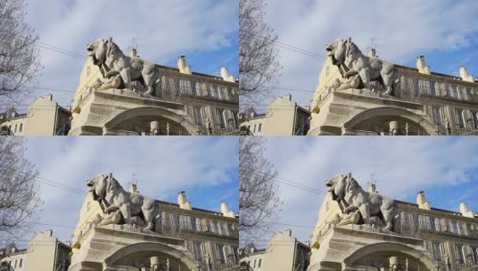 石狮雕塑，西班牙首都马德里最古老的街道。股票。欧洲城市中心的狮子雕像高清在线视频素材下载