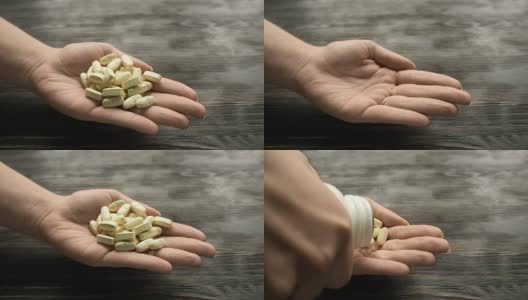 一个女人把药丸倒在手上的特写高清在线视频素材下载