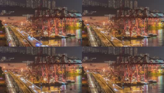 时间间隔:青衣地区夜间交通情况:香港海港内的起重机-建筑机械高清在线视频素材下载