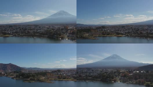 清晨鸟瞰富士山和川口湖高清在线视频素材下载