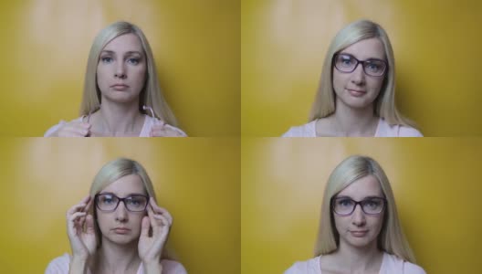 一个金发的中年女人戴上时尚的眼镜，对着黄色的背景微笑，近视，散光和眼科疾病的概念高清在线视频素材下载