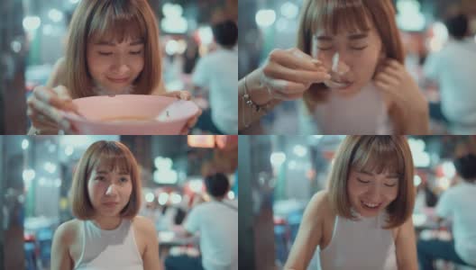 幸福女人的肖像享受与第一次吃街头小吃高清在线视频素材下载