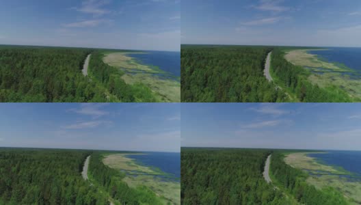 通往灯塔的道路之间的森林和湖泊鸟瞰4k高清在线视频素材下载