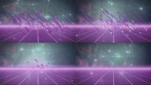 紫光的数字动画在栅格网络上的连接轨迹高清在线视频素材下载