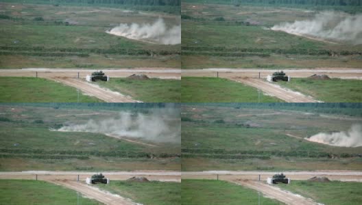 俄罗斯坦克在演习中向演习现场射击。高清在线视频素材下载