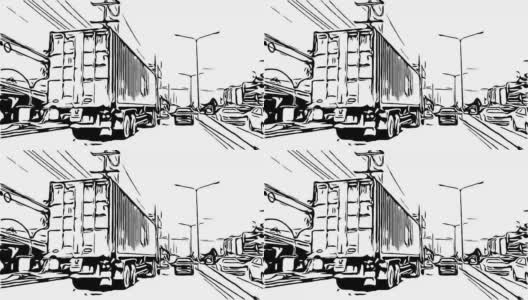 动漫卡通素描，交通上的道路高清在线视频素材下载