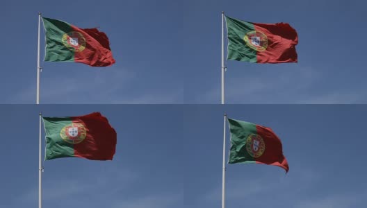 蓝色天空中飘扬的葡萄牙国旗高清在线视频素材下载