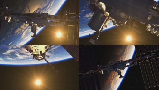 在地球和太阳升起的背景下的国际空间站飞行。高清在线视频素材下载