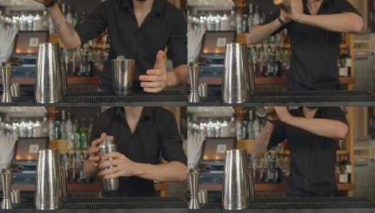 特写调酒师在柜台上混合鸡尾酒高清在线视频素材下载