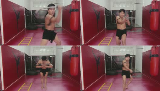 亚洲人在健身房训练跆拳道，格斗，武术，体育高清在线视频素材下载