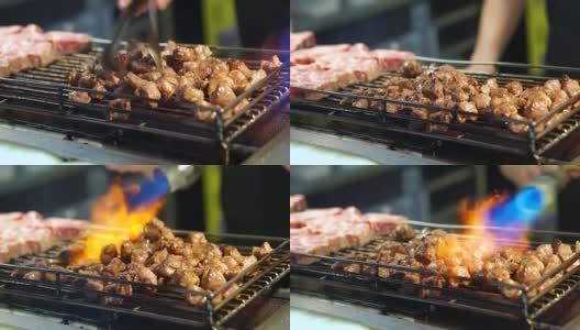 牛扒切丁烹饪和火烧烤烤箱。台湾的街头小吃摊高清在线视频素材下载