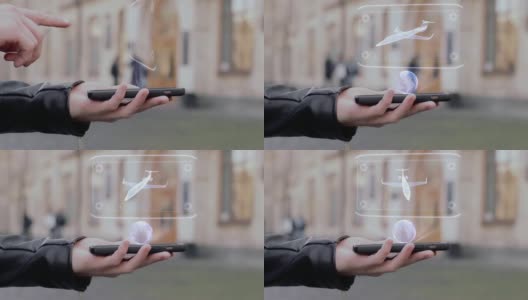 男性双手显示在智能手机概念HUD全息图小型商务飞机高清在线视频素材下载