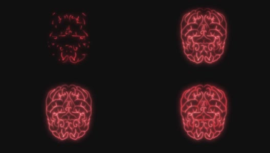2D动画，闪烁燃烧的霓虹灯形成人类大脑的结构。黑色背景上的红线表示神经网络。智能的概念，内脏，医学，解剖学。高清在线视频素材下载