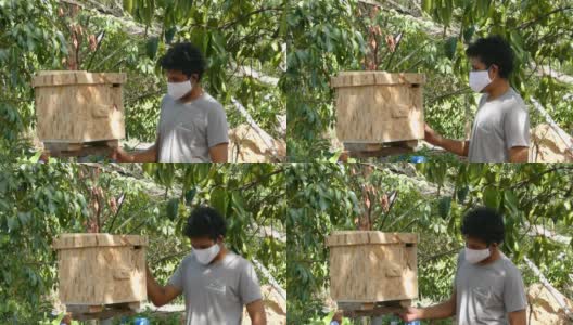 养蜂人站在一个彩绘的木制蜂箱前高清在线视频素材下载