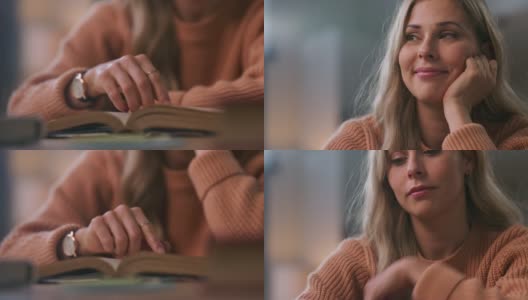 一名年轻女子一边阅读一边翻动课本的4k视频片段高清在线视频素材下载