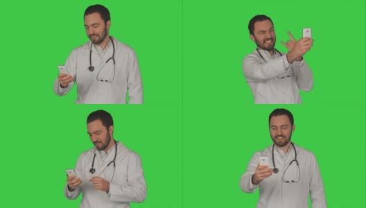 医生或医务人员在绿色屏幕上用智能手机的前置摄像头自拍高清在线视频素材下载