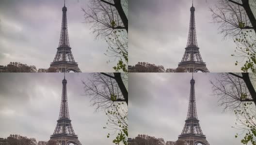 法国阴天巴黎城市标志埃菲尔铁塔全景4k时间流逝高清在线视频素材下载