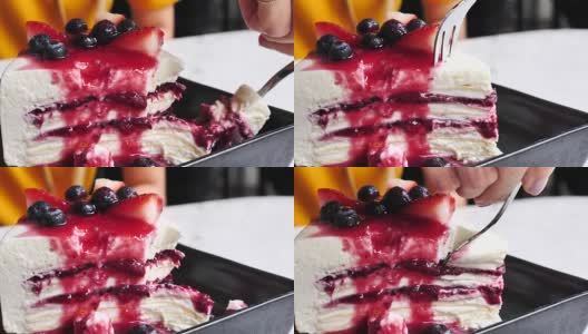 蓝莓芝士蛋糕和切蛋糕高清在线视频素材下载