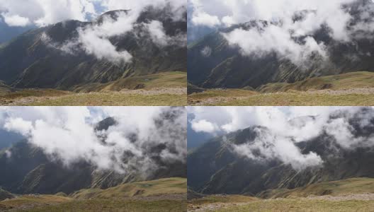 浮云飘过草木秋山山时光流逝。神奇的旅游的地方。上斯瓦内提，乌斯巴关口附近的梅斯蒂亚。格鲁吉亚欧洲。高清视频高清在线视频素材下载