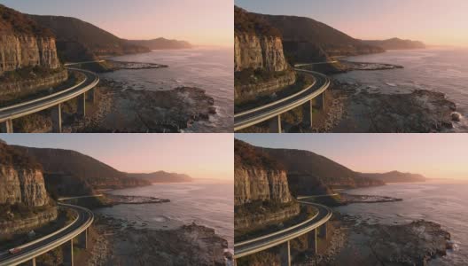 澳大利亚航拍新南威尔士州日出海悬崖桥海岸景观高清在线视频素材下载