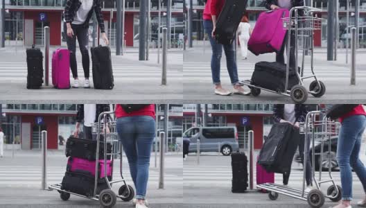 两个妇女把行李放到手推车上高清在线视频素材下载