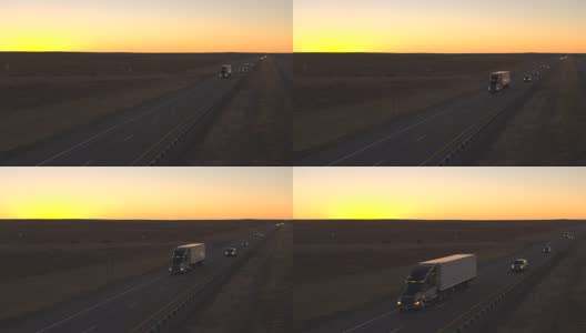 汽车和半卡车在公路上行驶，在日落时分运送货物高清在线视频素材下载