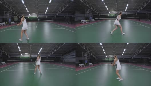 网球比赛。美丽的女子运动员与男子打网球高清在线视频素材下载