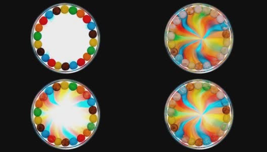 五颜六色的糖果聚集在周围，都溶解在一个圆形的碟子里，太阳形成了一道彩虹高清在线视频素材下载