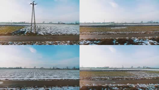 在4k慢镜头中，火车透过窗户观看冬天的田野高清在线视频素材下载
