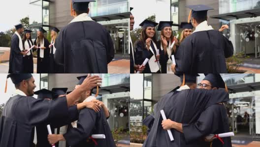 获得博士学位后，一群朋友鼓掌拥抱，非常开心高清在线视频素材下载